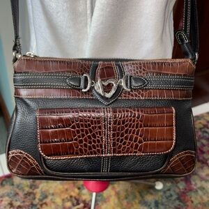 Brighton Crossbody/ shoulder bag wallet  leather black/ brown croc imprint trim